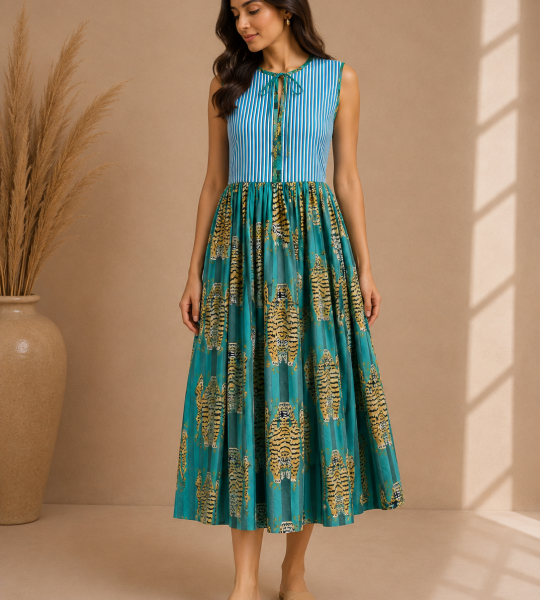 Teal Animal Print Midi Dress for Women | Tie Neck Sleeveless A-Line Dress | Printed Summer Dress