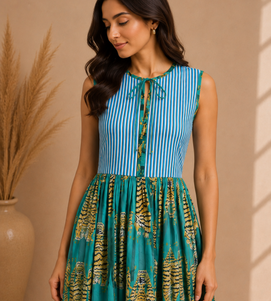 Teal Animal Print Midi Dress for Women | Tie Neck Sleeveless A-Line Dress | Printed Summer Dress