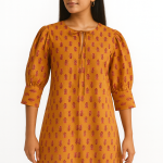 Handmade Block Print Cotton Top – Mustard Yellow Boho Blouse with Puff Sleeves & Tie Neck