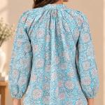 Sky Blue Floral Printed Front-Tie Balloon Sleeve Top for Women