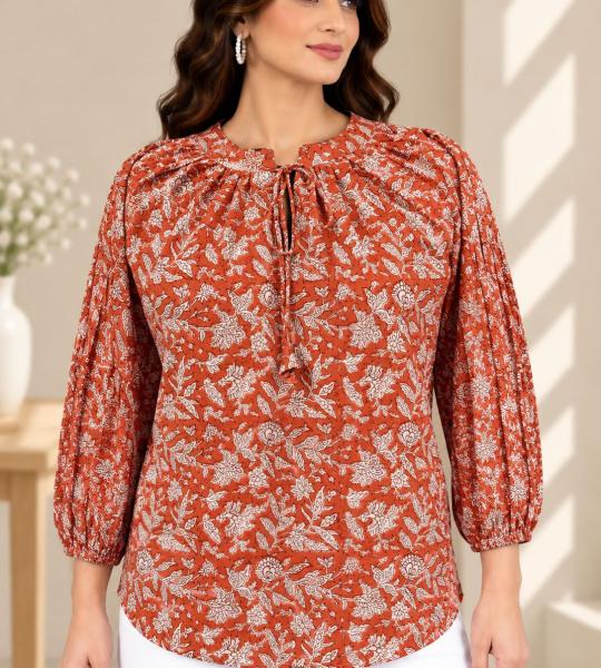 Rust Orange Floral Printed Top for Women | Tie Neck Puff Sleeve Blouse | Casual & Office Wear