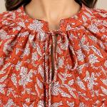 Rust Orange Floral Printed Top for Women | Tie Neck Puff Sleeve Blouse | Casual & Office Wear