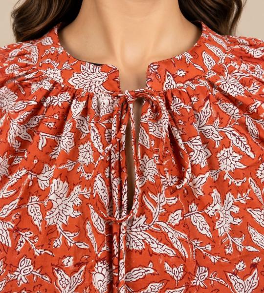 Rust Orange Floral Printed Top for Women | Tie Neck Puff Sleeve Blouse | Casual & Office Wear