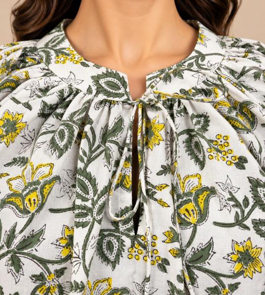 Green & Yellow Floral Printed Top for Women | Tie Neck Puff Sleeve Blouse | Casual & Office Wear