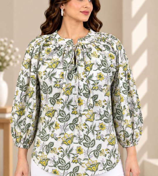 Green & Yellow Floral Printed Top for Women | Tie Neck Puff Sleeve Blouse | Casual & Office Wear