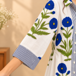 Women's White Maxi Shirt Dress with Blue Floral Print, Striped Front, 3/4 Sleeves and Flared Skirt