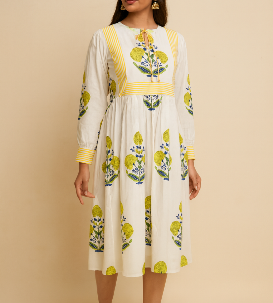 Boho Floral Print Midi Dress – Yellow & Blue Cotton A-Line Dress – Ethnic Casual Summer Wear – Hand Block Print – Comfortable Everyday Dress