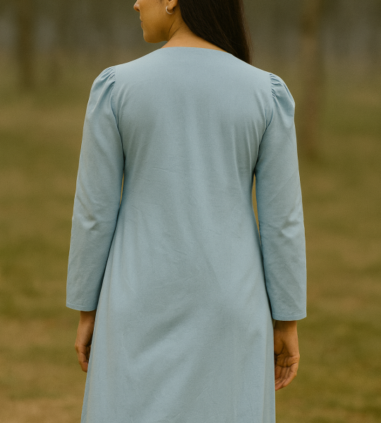 Handmade Light Blue Cotton Midi Dress – Long Sleeve V-Neck Button Front Casual Boho Dress