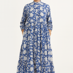 Hand Block Printed Cotton Maxi Dress – Blue Floral Long Dress with Pockets, Button Down Tiered Dress, Boho Summer Dress