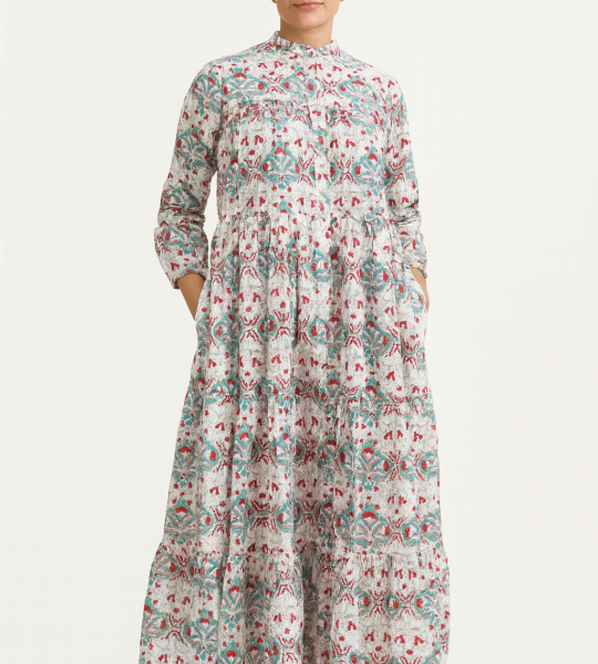 Hand Block Print Cotton Maxi Dress: Bohemian Floral Tiered Resort Wear