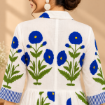 Women's White Maxi Shirt Dress with Blue Floral Print, Striped Front, 3/4 Sleeves and Flared Skirt
