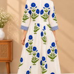 Women's White Maxi Shirt Dress with Blue Floral Print, Striped Front, 3/4 Sleeves and Flared Skirt
