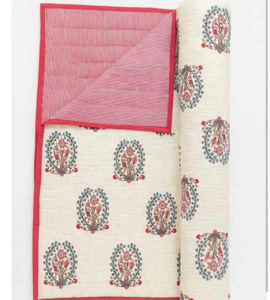 Handmade Cotton Block Print Quilt – Reversible Floral Jaipuri Blanket, Red Border Bedding, Indian Cotton Quilt