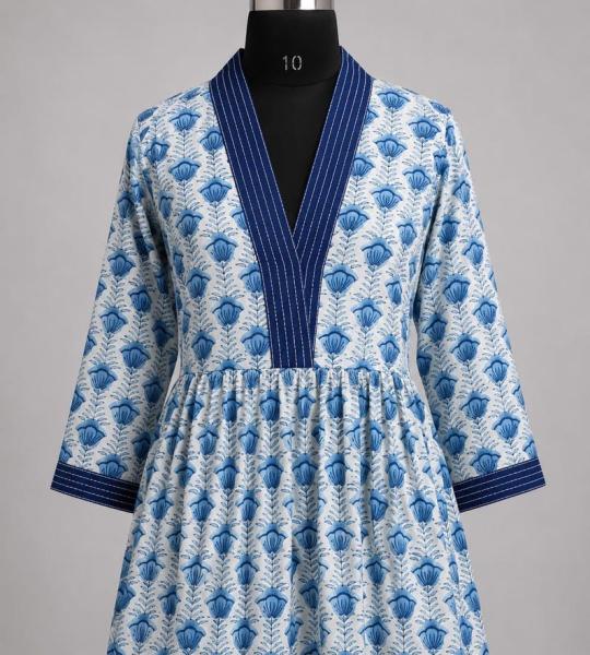 Blue Floral Cotton Kaftan Dress for Women, Hand Block Print Midi Dress, Boho Summer Dress, Loose Fit V Neck Dress, Beach Cover Up, Casual Resort Wear