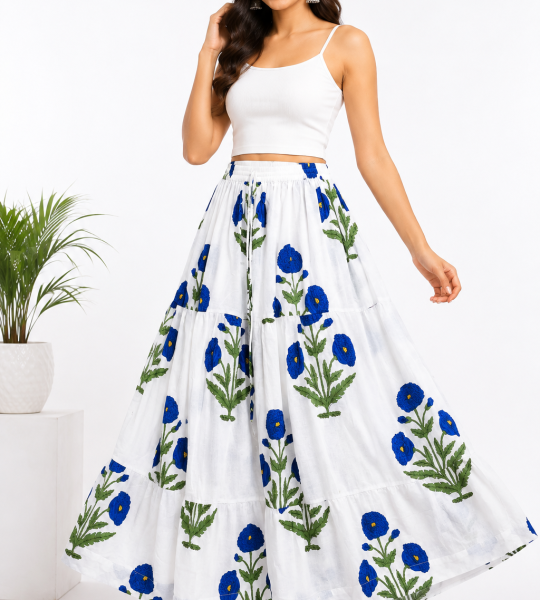 White Cotton Blue Floral Printed Tiered Maxi Skirt for Women