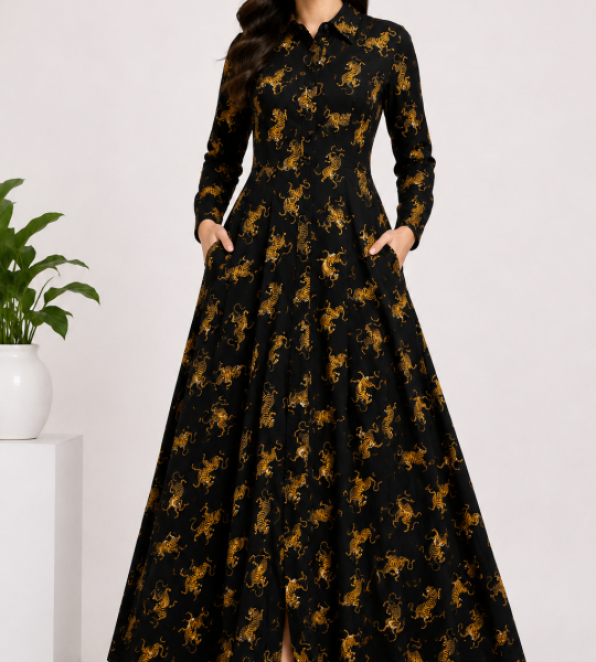 Women's Navy Blue Tiger Print Maxi Dress | Full Sleeve Collared Long Dress | Elegant Cotton Shirt Dress with Pockets