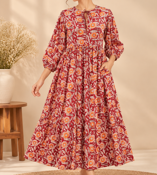 Floral Print Maxi Dress for Women – Boho A-Line Dress with 3/4 Puff Sleeves and Tie-Up Neck