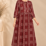 Hand Block Print Boho Midi Dress for Women – 3/4 Sleeve A-Line Dress with Tie-Up Neck