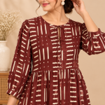 Hand Block Print Boho Midi Dress for Women – 3/4 Sleeve A-Line Dress with Tie-Up Neck