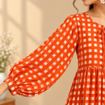Red Gingham Check Midi Dress for Women, Long Sleeve Cotton Look Smock Dress, Square Print Boho Casual Outfit with Pockets