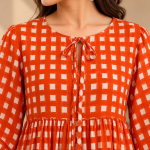 Red Gingham Check Midi Dress for Women, Long Sleeve Cotton Look Smock Dress, Square Print Boho Casual Outfit with Pockets
