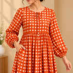 Red Gingham Check Midi Dress for Women, Long Sleeve Cotton Look Smock Dress, Square Print Boho Casual Outfit with Pockets