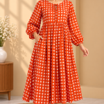 Red Gingham Check Midi Dress for Women, Long Sleeve Cotton Look Smock Dress, Square Print Boho Casual Outfit with Pockets