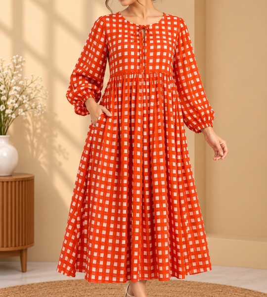 Red Gingham Check Midi Dress for Women, Long Sleeve Cotton Look Smock Dress, Square Print Boho Casual Outfit with Pockets