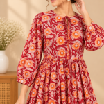 Floral Print Maxi Dress for Women – Boho A-Line Dress with 3/4 Puff Sleeves and Tie-Up Neck
