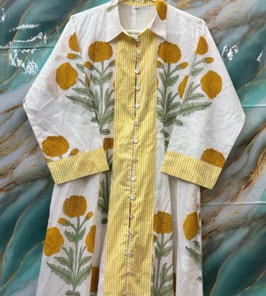 Yellow & White Floral Embroidered Long Dress for Women, Indian Printed Cotton Summer Maxi Dress