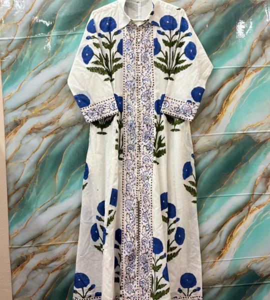 Hand Block Floral Printed Women Cotton Dress, Indian Handmade Cotton Long Dress