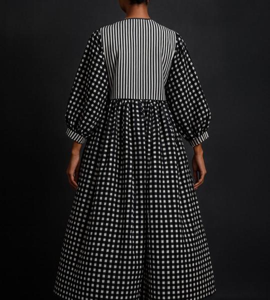 Hand Block Printed Cotton Maxi Dress | Black & White Checkered Long Dress | Vintage Style Striped Bodice Cotton Dress | Boho Midi Dress for Women