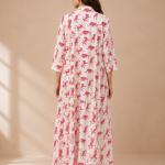 Women's White & Pink Tiger Print Cotton Maxi Dress with V-Neck & 3/4 Sleeves