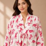 Women's White & Pink Tiger Print Cotton Maxi Dress with V-Neck & 3/4 Sleeves
