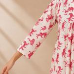 Women's White & Pink Tiger Print Cotton Maxi Dress with V-Neck & 3/4 Sleeves