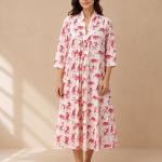 Women's White & Pink Tiger Print Cotton Maxi Dress with V-Neck & 3/4 Sleeves