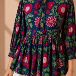 Women's Navy Blue Floral Print Peplum Top with Tie Neck & 3/4 Sleeves