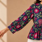 Women's Navy Blue Floral Print Peplum Top with Tie Neck & 3/4 Sleeves