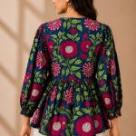Women's Navy Blue Floral Print Peplum Top with Tie Neck & 3/4 Sleeves