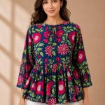 Women's Navy Blue Floral Print Peplum Top with Tie Neck & 3/4 Sleeves