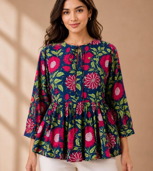 Women's Navy Blue Floral Print Peplum Top with Tie Neck & 3/4 Sleeves