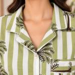 Women’s Green Striped Palm Print Cotton Pajama Set