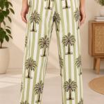 Women’s Green Striped Palm Print Cotton Pajama Set