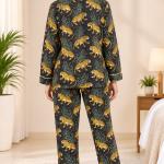 Women's Leopard Print Pajama Set – Black and Gold Button-Down Long Sleeve Sleepwear