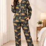 Green Floral Pajama Set for Women – Botanical Print Button-Down Sleepwear with Matching Pants