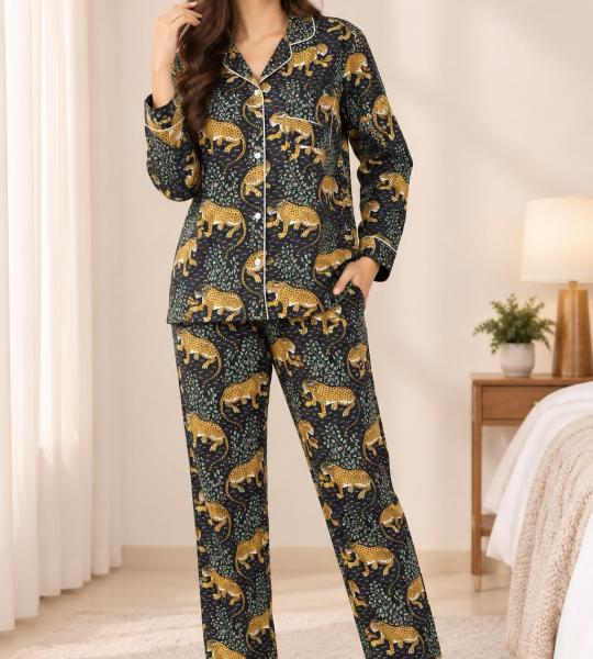 Women's Leopard Print Pajama Set – Black and Gold Button-Down Long Sleeve Sleepwear