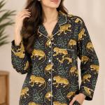 Women's Leopard Print Pajama Set – Black and Gold Button-Down Long Sleeve Sleepwear