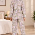 Floral Print Pajama Set for Women – Pink & Blue Button-Down Sleepwear with Matching Pants