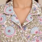 Floral Print Pajama Set for Women – Pink & Blue Button-Down Sleepwear with Matching Pants