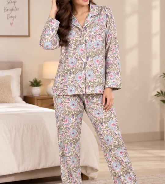 Floral Print Pajama Set for Women – Pink & Blue Button-Down Sleepwear with Matching Pants